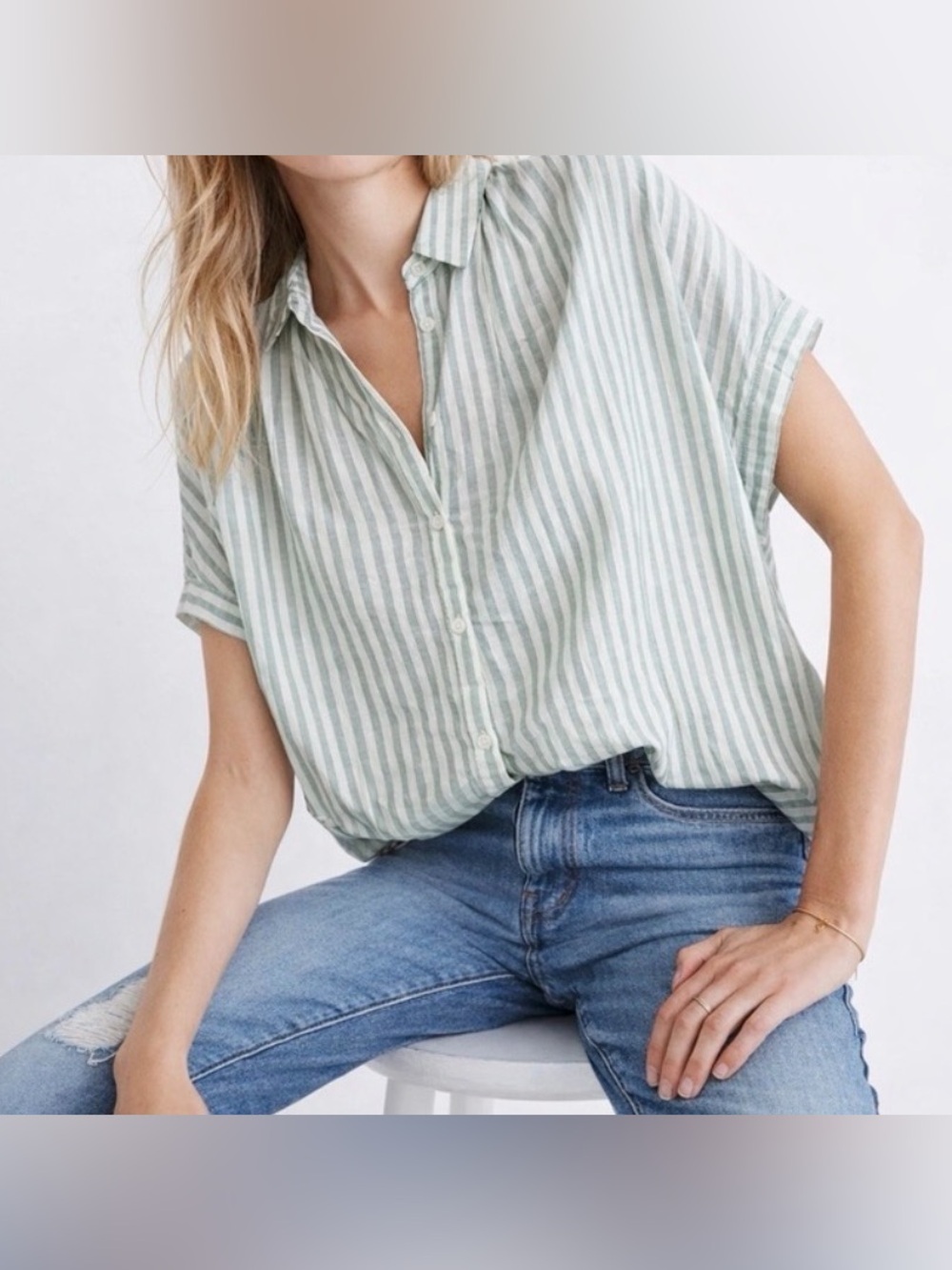Madewell Central Shirt Light Sage and White Striped Short-Sleeve Button Down XXS